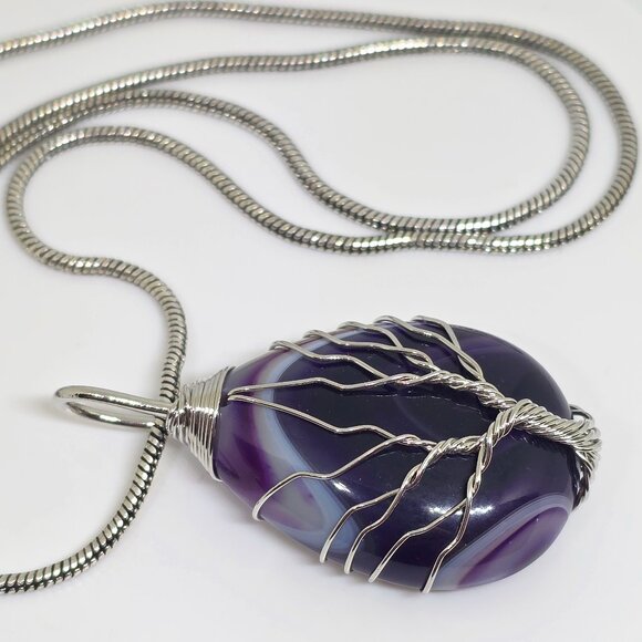 Tree of Life Silver Wrap Teardrop Purple Amethyst Teadrop Agate Pendant Necklace - Picture 4 of 12